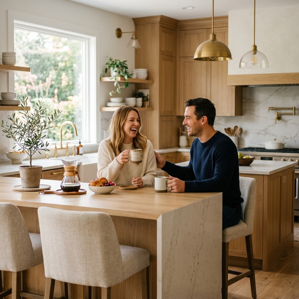 Happy homeowners in newly renovated kitchen